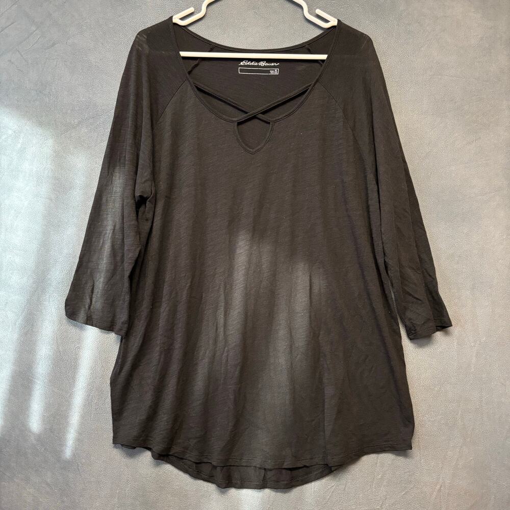 Eddie Bauer Black Criss Cross Neck Tunic Top Women’s XL Office Business Casual